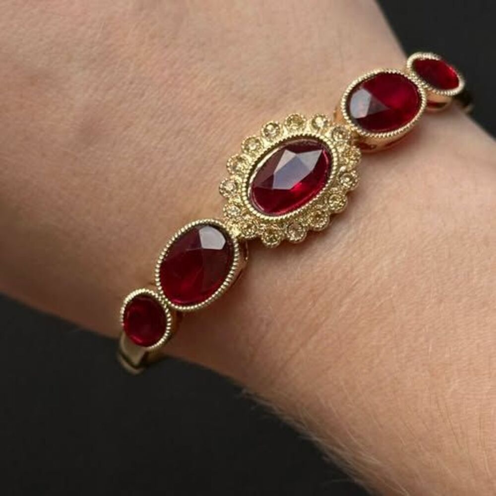 Vintage Gold-Tone Bangle Bracelet with Ruby-Red Stones
